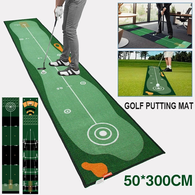 a man playing golf on a Groove Golf Co. Carpet Putting Mat For Indoor Training.