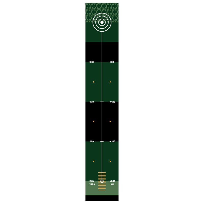 A green and black Groove Golf Co. Carpet Putting Mat For Indoor Training with white circles.