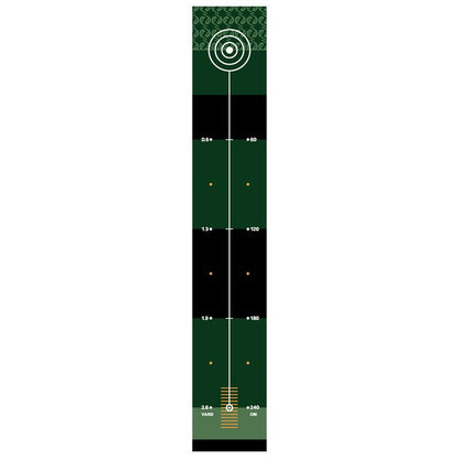 A green and black Groove Golf Co. Carpet Putting Mat For Indoor Training with white circles.